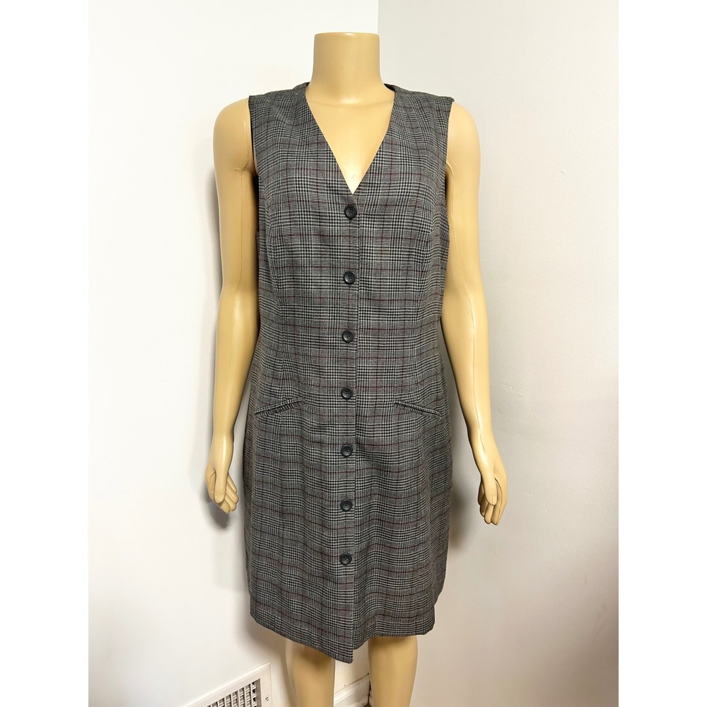 Worthington 12P Petite Grey Glen Plaid Button Front Sheath ACADEMIA Dress V-Neck